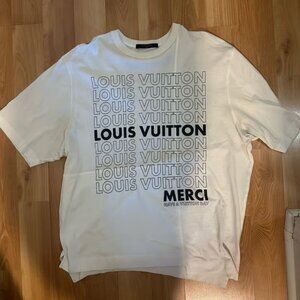 Merci French Quote Graphic LV T-Shirt Mens White Logo Print Streetwear Tee